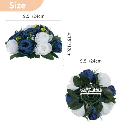 NUPTIO Artificial Flower Centrepieces for Tables - 10 Pcs Navy Blue & White Fake Flowers Roses Balls 9.5in Diameter - Silk...