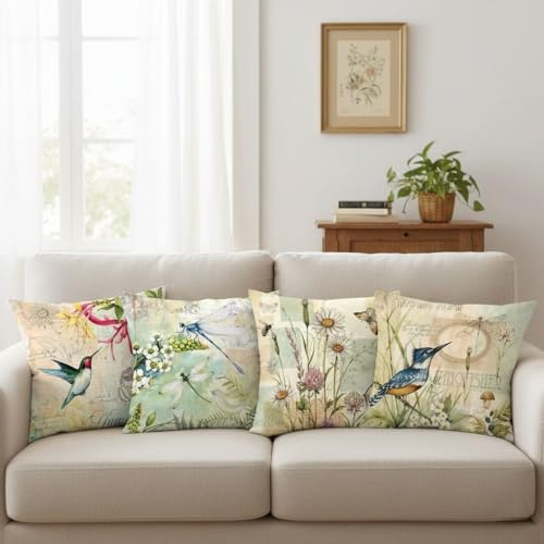 Hopomoon Throw Pillow Covers 18x18 Set of 4 Spring Summer Vintage Hummingbird Dragonfly Floral Rustic Garden Theme White L...