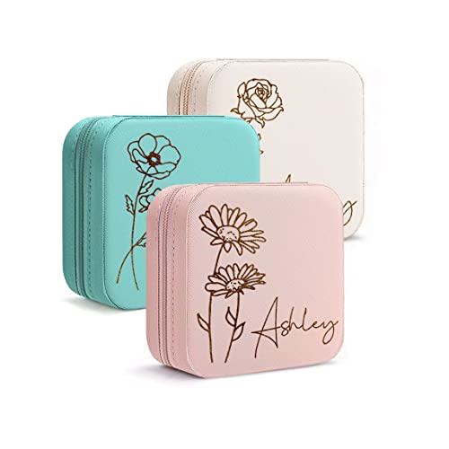 DayOfShe Personalized Travel Jewelry Box with Name and Birth Flower Mothers Day Mom Gifts,Personalized Bridesmaid Gifts fo...
