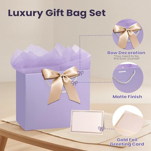 PrintGuru 13” Large Purple Gift Bag with Handles, Birthday Gift Bag with Tissue Paper and Greeting Card, Birthday Bag for ...