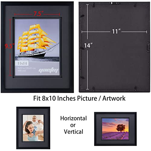 Yaetm 11x14 Double Floating Mat Picture Frame Set of 2, Display Picture 8x10 with Black Double Mat, Polished High Definiti...