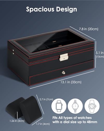 Kukikan Watch Jewelry Box Organizer, 6-Slot 2-Layer Watch Case and Sunglasses Storage with Large Glass Lid, Men's Jewelry ...