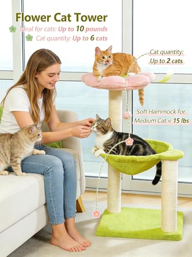 MUTTROS Flower Cat Tree, 28" Cat Tower with Cozy Flower Perch, Large Hammock for Indoor Small Cats, Cute Cat Tree with Sis...