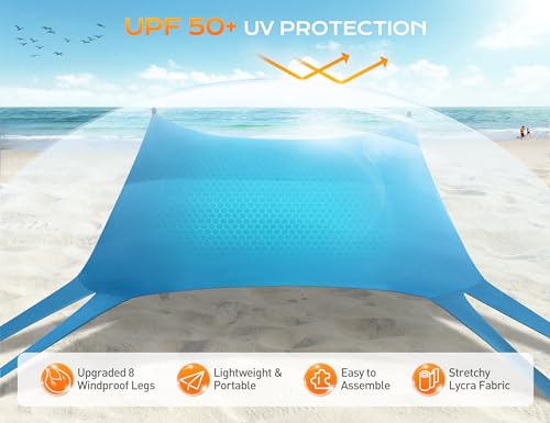 Rengue Beach Tent, Beach Canopy UPF50+ UV Protection, 10x10ft Beach Shade Sun Shelter with 8 Sandbags, Sand Shovels, Groun...