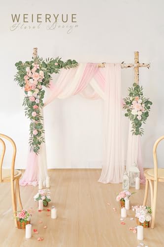 WEIERYUE Deluxe Pink Artificial Wedding Arch Flowers with Drapes Kit-Pack of 5, 2pcs Flower Arrangements 3pcs Hanging Shee...