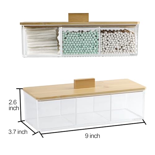 ZEXALOR Clear Bathroom Dresser Organizer - Cotton Ball Swab Holder with 3 Divided Compartments&Lid, Waterproof Transparent...