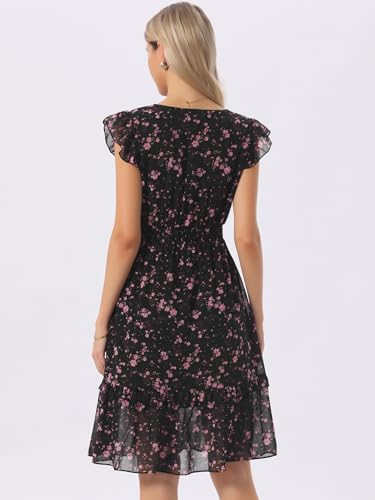 Allegra K Women's Floral Dress Spring Summer V Neck Flutter Sleeve Ruffle Casual Smocked Knee Length Dresses