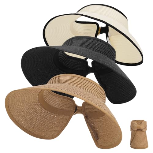 Zhamate 3 Pack Foldable Sun Visor Hats for Women Wide Brim Pontytail Straw Beach Hat for Summer