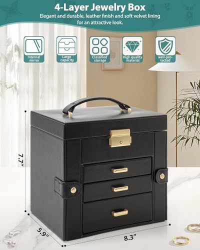 AKOZLIN 4-Tier Jewelry Box Leather Jewelry Storage Organizer with 3 Drawers Lockable for Women Girls Ring Necklace Earring...