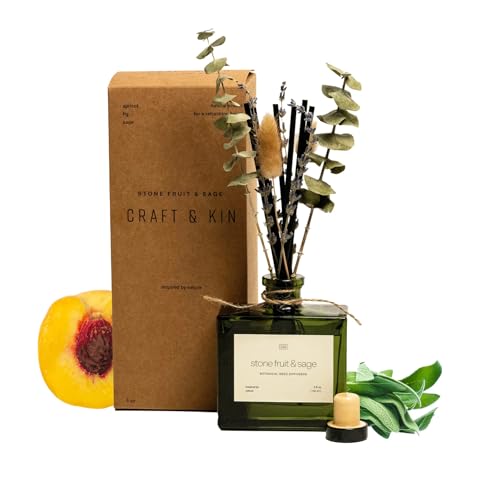Craft & Kin Reed Diffuser with Dried Flowers | 5 oz Stone Fruit & Sage Scented Holiday Reed Diffusers for Home, Bathroom...