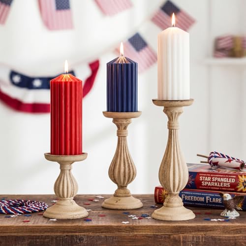 MTLEE Set of 3 Red White Blue Ribbed Pillar Candles 4th of July Ribbed Candles Set 5.91'' 6.89'' 7.87'' Wax Unscented Pill...
