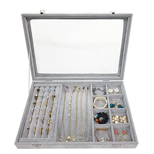 BesyPro Ice Velvet Jewelry Organizer Box for Women Girlfriend Wife,Clear Lid Earrings Rings Necklace Bracelets Jewelry Tra...