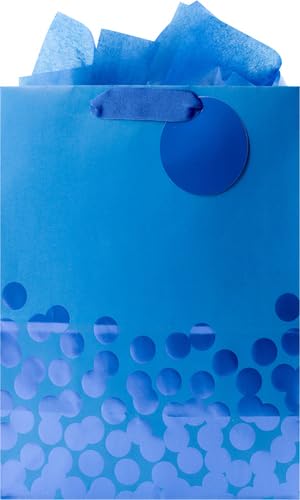 Hallmark 13" Large Gift Bag with Tissue Paper (Blue Foil Dots) for Hanukkah, Christmas, Birthdays, Fathers Day, Graduation...