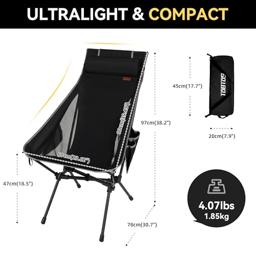 TOBTOS Portable High Back Camping Chair, Support 440 lbs, Ultralight Folding Chair with Head Support, Compact Backpacking ...