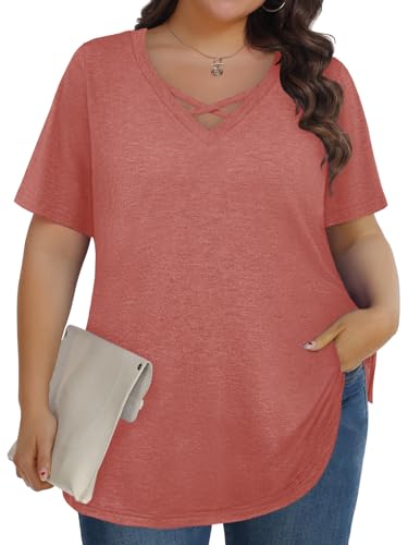 Plus Size Tops for Women Summer Trendy Criss Cross Shirts Oversized Casual Loose Fit Tunic Tops L-4XL