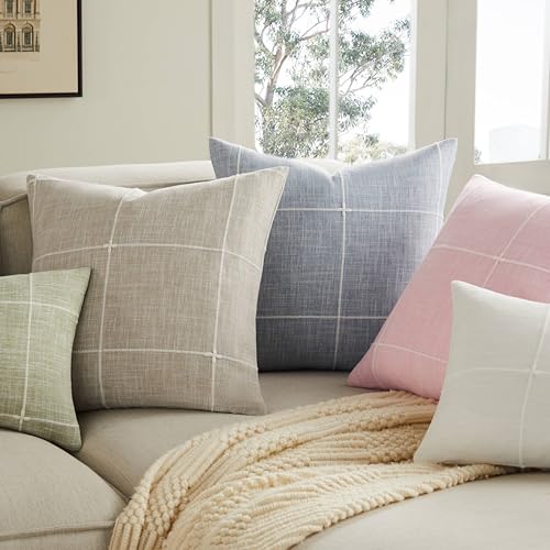 YZJZEDS 2 Packs Grid Embroidery Throw Pillow Covers, 22x22 Inch Blue, Farmhouse Linen Decorative Dusty Blue Cushion Covers...