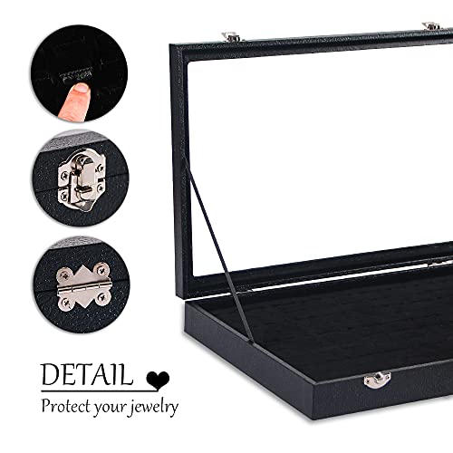 Ausalivan Ring Holder Organizer Box, Jewelry Display Case, Earring Necklace Storage Tray With Top Glass Lid (Black, 100 Sl...