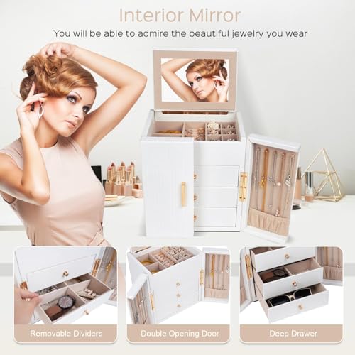 Dajasan Large Jewelry Box for Women, Jewelry Holder Organizer Box with 3 Drawers, 4-Tier Jewelry Storage Organizer with Mi...