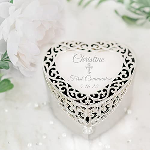 Cherished Moments Personalized First Communion Gift for Girls Filigree Heart Jewelry Keepsake Box with Custom Engraved Cro...