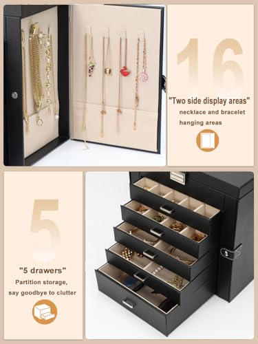 BOOVO Jewelry Box For women, 6 Layer Large Jewelry Organizer With Mirror, Multi-Function Storage Box With Lock, Necklace H...