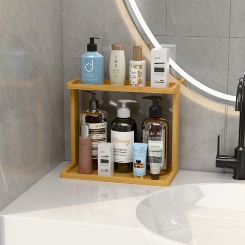 PEKER Bamboo Bathroom Organizer Countertop – Small Vanity Storage Shelf for Makeup, Perfume, Skincare – Natural Cosmetics ...