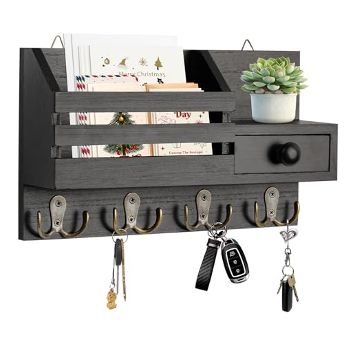 HOMEBROS Key Holder Wall Mount, Wooden Adhesive Mail and Key Organizer with Drawer, Small Shelf, 8 Hooks, 2 Installation M...