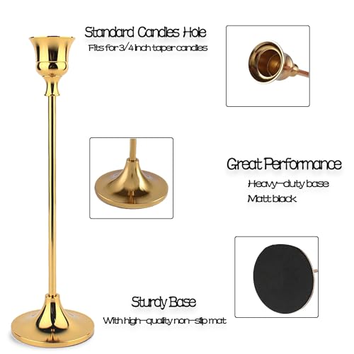 Taper Candle Holder Set of 6, Brass Gold Tall Candlestick Holders, Metal Vintage Candle Stickers Long Holder Set, Pillar D...