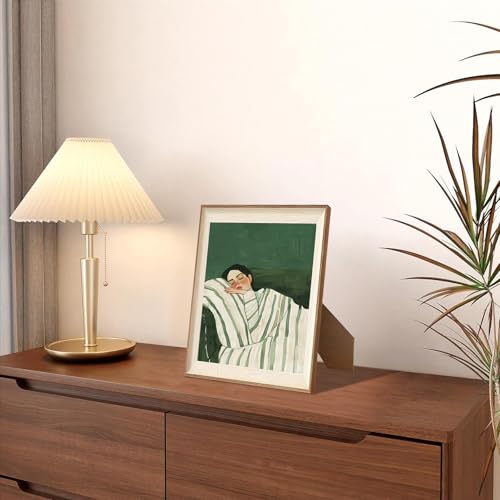 ASTRDECOR Minimalist Framed Wall Art - Cozy Woman Sleeping on Couch, Emerald Green & White Striped Blanket, Modern Aesthet...