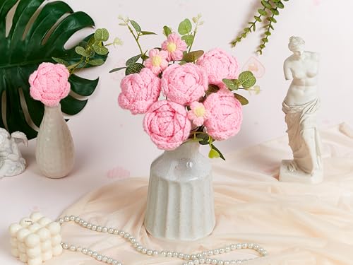 SITUMEIZI Handmade Crochet Flower Bouquet - 6 Pcs Pink Roses Knitted Bouquet Cotton Thread, Gifts for Women, Mom, Wife, Te...