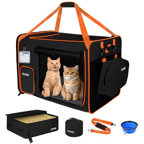 Petskd Extra Large Cat Carrier with Litter Box for Car Travel,24"x17"x17"Portable Soft-Sided Pet Carrier with Zipper Locks...