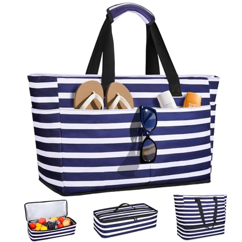 ISEYOU Beach Bag with Cooler, 49L Large Waterproof Sandproof Tote with Zipper, Foldable Travel Bag for Beach, Pool, Picnic