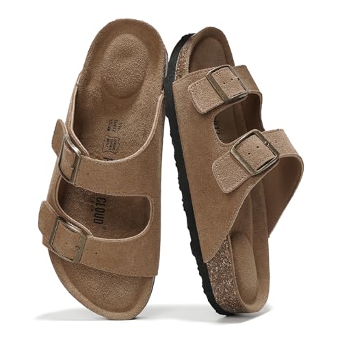 Project Cloud 100% Genuine Leather Flat Sandals For Women 2026 Cork Footbed Womens Sandals with Memory Foam and arch suppo...