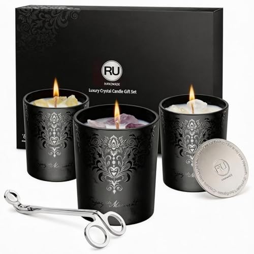 Luxury Black Crystal Candle Gift Set for Men – 3 Pack 7oz Soy & Beeswax Candles with Real Natural Crystals, Zinc Alloy Lid...