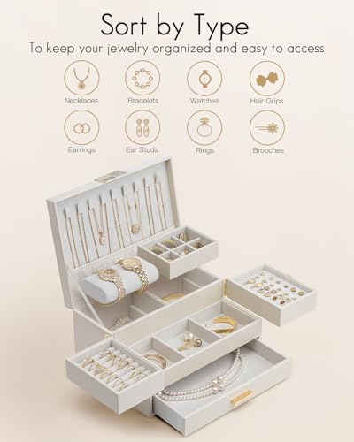 VLANDO 3 Layer Jewelry Box - Women Jewelry Box with Retractable Tray - Jewelry Organizers with Drawer for Necklaces, Ring...