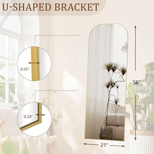 Koonmi Full Length Mirror, 56"x21" Mirror Full Length with Stand, Gold Domed Top Square-Edged Floor Mirror with Aluminum A...