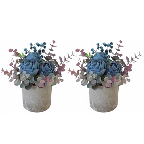 Rosscer Small Artificial 2pcs Burnt Blue Rose Potted Plant, 6" Fake Silk Flowers in 3" Cylindrical Pot, Mini Faux Floral A...