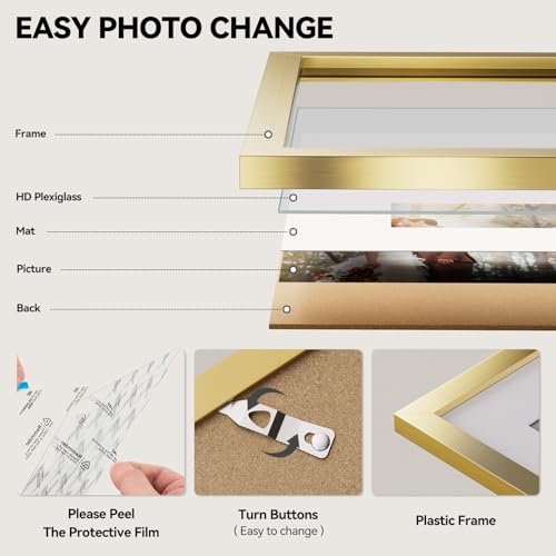 HappyHapi 8.5x11 Picture Frame, Gold Picture Frames Display Photos 6x8 with Mat or 8.5x11 Without, Plastic Frame for Wall...