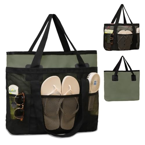 miss fong Mesh Beach Bag - Beach Bags for Women Pool Bag Swim Bag – 2-in-1 Waterproof Beach Tote Bag Wet/Dry Separation