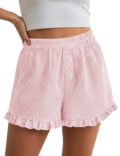 PRETTYGARDEN Womens Boxer Shorts Y2K Ruffle Pajama 2026 Summer Spring Lounge Sleep Striped Casual Beach Pj Bottoms Pockets