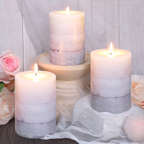 Set of 3 Scented Pillar Candles Creamy Coconut Scented 3" x 4" Long-Lasting Burn Candle White Gray Palette Pillar Candle C...