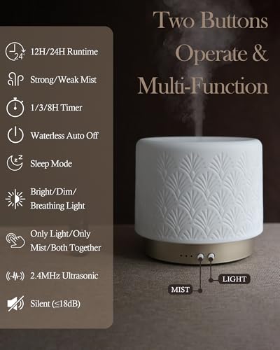 Ceramic Essential Oil Diffuser, 280ml 2.4MHz Ultrasonic Cool Mist Aromatherapy Diffuser with 12H/24H Runtime,Auto Shut-Of...