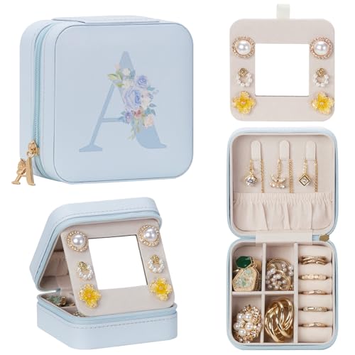 Enthralite Travel Jewelry Box for Gift: Traveling Jewelry Case for Girls Women - Mini Organizer for Necklaces Earrings Blue A