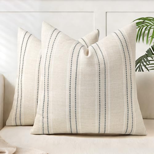 AELS 18x18 Decorative Farmhouse Linen Blend Throw Pillow Covers, Boho Textured Pillow Case, Set of 2, Beige with White & G...