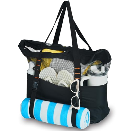 KOKKOYA 40L Large Black Mesh Beach Bag for Women Tote with Zipper Towel Holder Cruise Swim Pool 17 inch Length