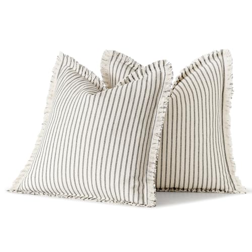 MIULEE Gray Pack of 2 Pillow Covers 18x18 Inch Striped Farmhouse Couch Throw Pillow Covers with Fringe Chic Linen Decorati...