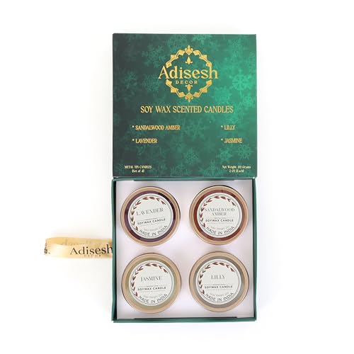Adisesh Decor Metal Tin Soy Wax Scented Candles Gift Set - 4 Aromatic Flavors (Sandalwood Amber, Lavender, Lily, Jasmine)...