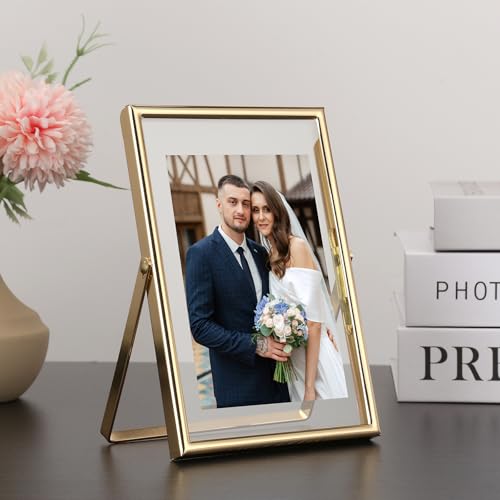 Gold 5x7" Floating Frame 2pack for Photo Sizes(3.5x5'',4x6'')for Adjustable Tabletop/Shelf Photo Frame,4x6'' Classy Gift f...