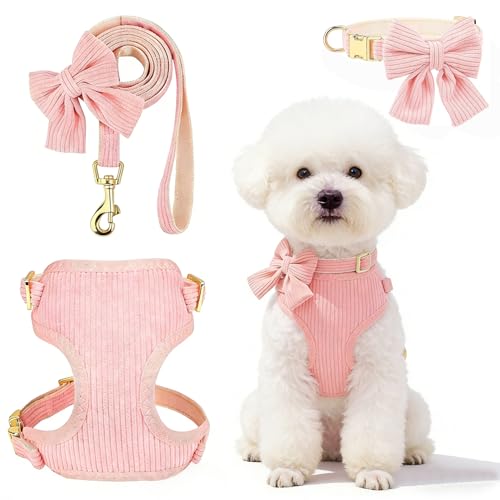 Cute Small Dog Harness Collar and Leash Set with Detachable Bowtie, Adjustable Dog Harness Collar and Leash Set with Secur...