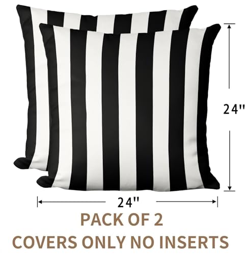 GHSJYO Waterproof Throw Pillow Covers 24x24inch Set of 2 Farmhouse Outdoor Black and White Stripes Square Pillow Cushion C...