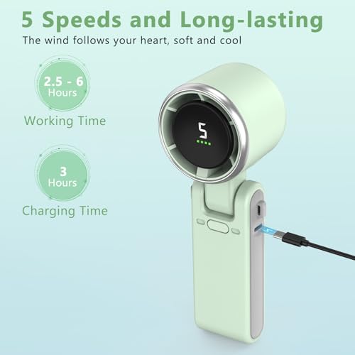 Portable Handheld Turbo Fan, 180° Foldable Mini Desk Fan with 5 Wind Speed, Portable Fan Rechargeable, LED Display, Small ...